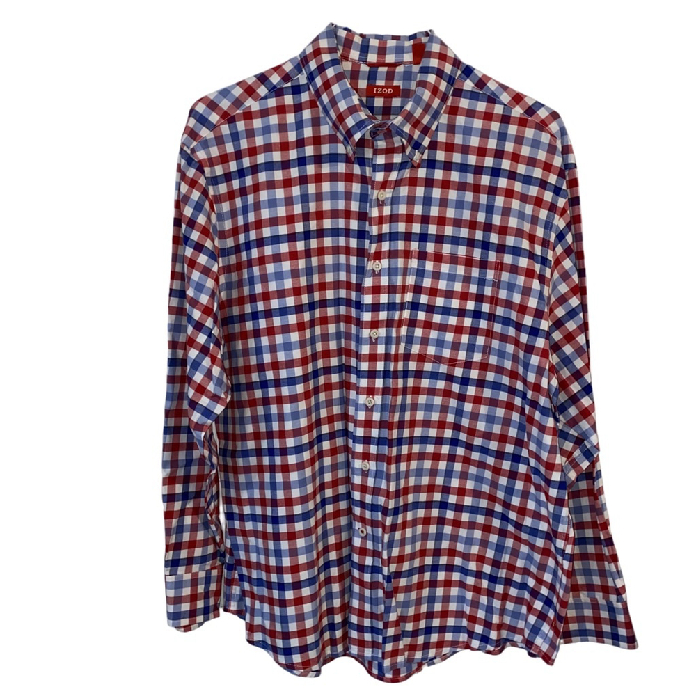 Men's IZOD Casual Button Down Shirt XL Red Blue Plaid 100% Cotton